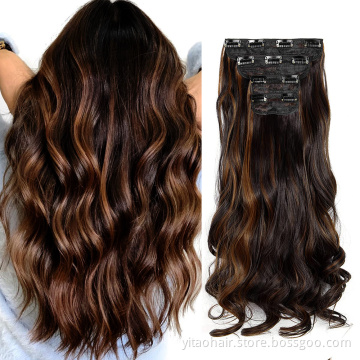 wholesale Synthetic Clip in Hair Extensions highlights Ombre Brown Wavy Hair Extensions 2P 4P 5P Thick Hair Extensions Clip
